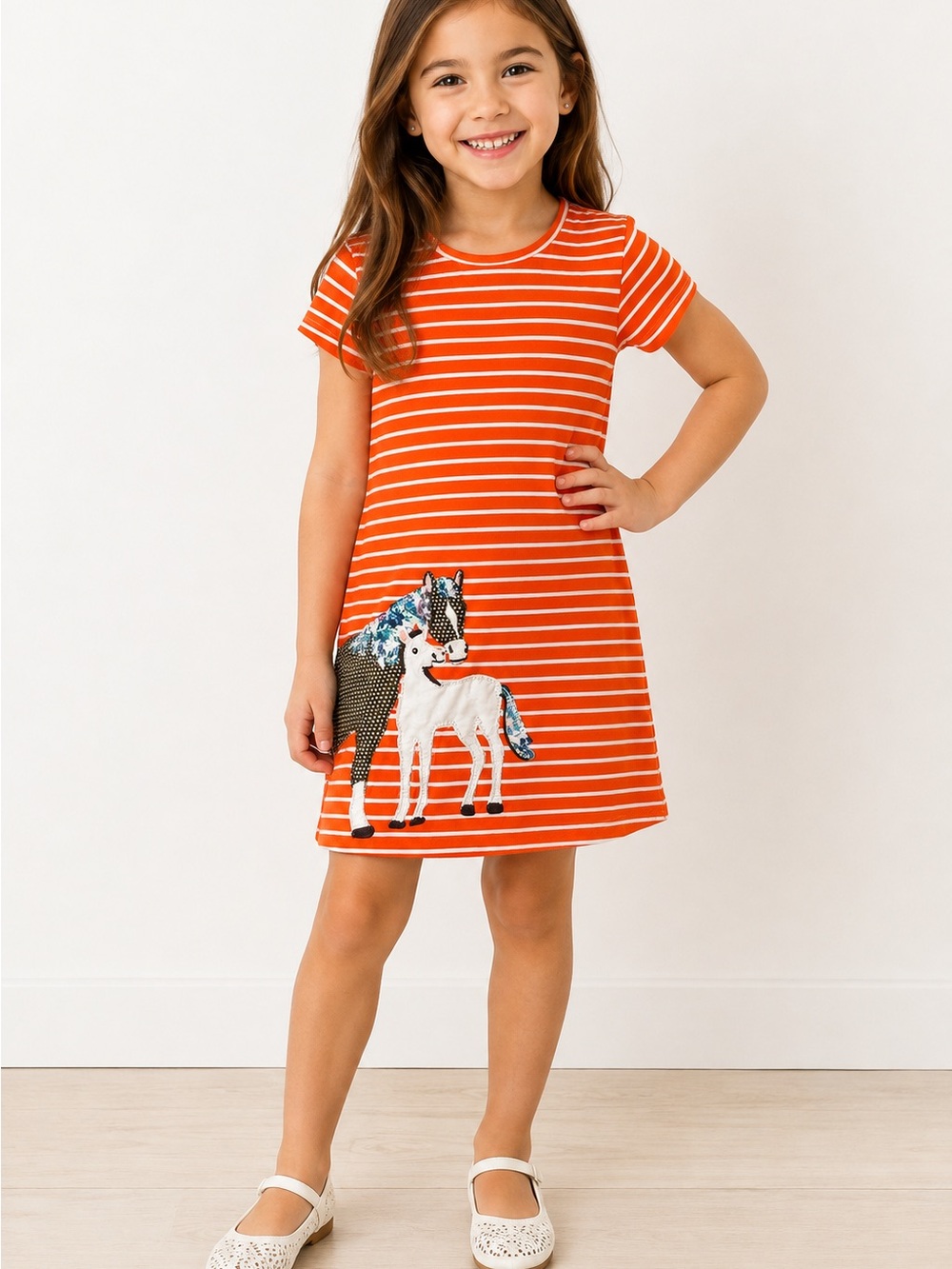 Girls Orange Striped Horse Applique Dress Size 6